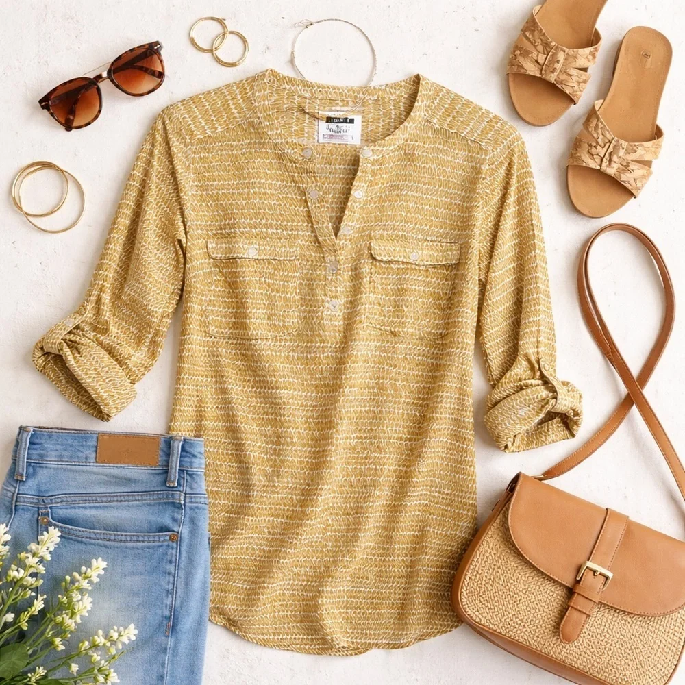 Holding Horses | Mustard Abstract Print Roll Tab Blouse | Size 4